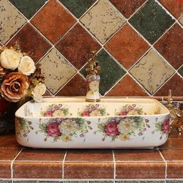 Évier de lavabo chinois de style européen Jingdezhen Art comptoir lavabo en céramique motif rose salle de bains lavabo qté Xmskk