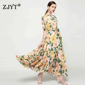 Europa Stijl Mode Zomer Baan Korte Mouw Bloemenprint Boheemse Lange Chiffon Jurk Dames Elegante Maxi Party Robe 210601