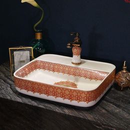 Vanités de salle de bain de luxe de style européen chinois Jingdezhen Art comptoir lavabo de type céramique rectangulaire bonne quantité Eeowp