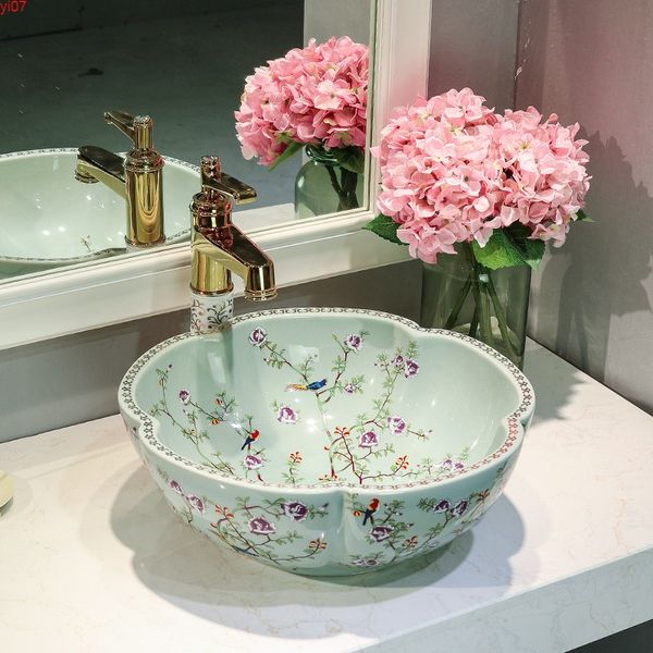 Estilo europeo Porcelana Pintado a mano Arte Lavabo Fregadero Baño antiguo Recipiente color lavabo flor y pájaro bluegood cantidad