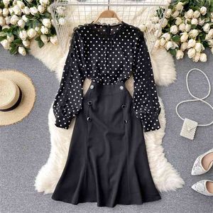 Europe Style Summer Femmes élégantes Col en dentelle Double boutonnage Polka Dot Patchwork Robe noire Robes de soirée féminines 210428