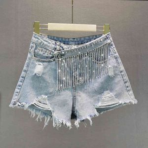 Europa Stijl Zomer Dames Luxe Diamant Tassel Denim Shorts Jeans Mode Meisjes Dames All-Match Broek A3743 210428