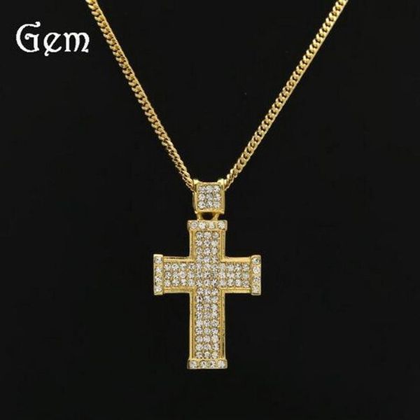 Europe US 18 K or véritable galvanoplastie diamant tridimensionnel croix pendentif collier hip-hop hip hop bijoux 335Z