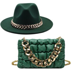 Europa US Woolen Jazz Top Cap Dames Breed Bravel Jurk Fedora Hoeden met Ketting Party Wedding Felt Hat Bag Set Groothandel