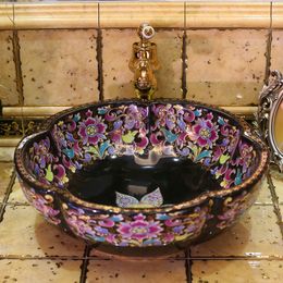 Fregadero de encimera de porcelana de arte de estilo Vintage europeo, lavabo de cerámica hecho a mano para baño, lavabo de cerámica colorido