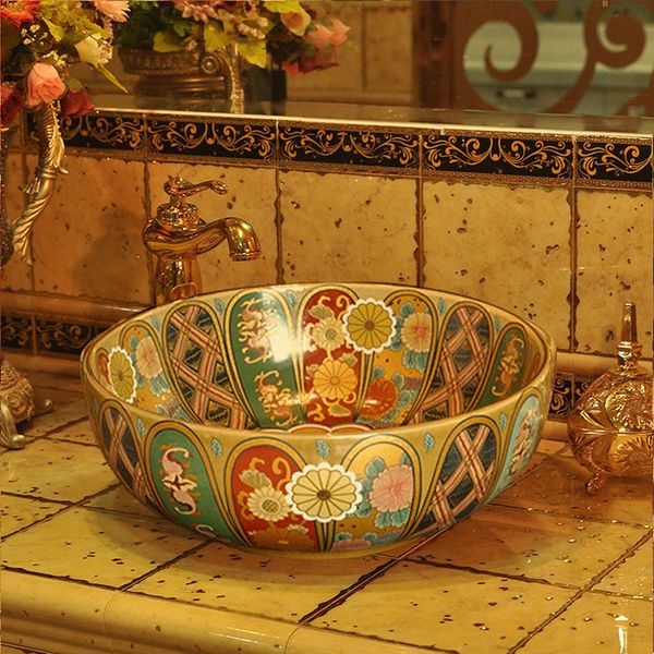 Europe Vintage Style Éviers En Céramique Comptoir Lavabo Salle De Bains Lavabo Bol En Céramique Lavabo Rond