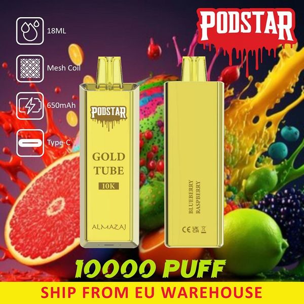 Europe Warehouse Original Podstar ALMAZAJ Gold Tube 10k Puffs 18 ML Bobine de maille de vape jetable préremplie 650 mAh Batterie Type C Kits de cigarettes électroniques rechargeables