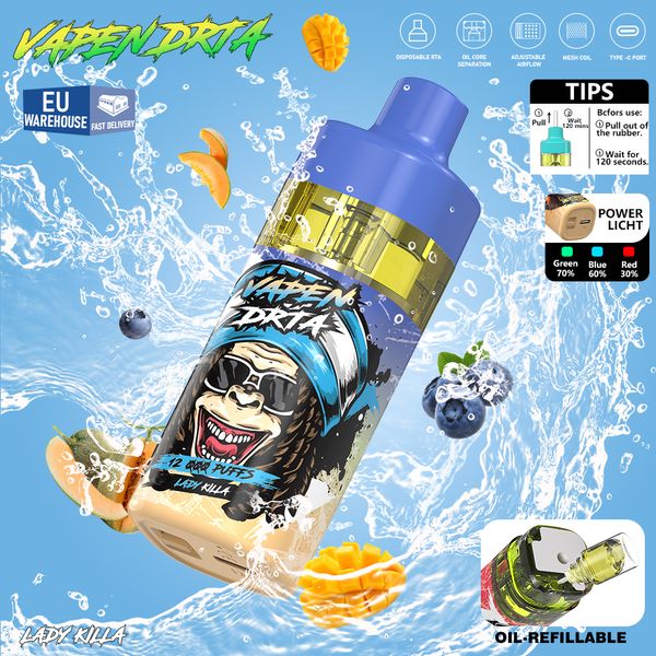 Europa Almacén Vapen DRTA Mega Bar Tornado KING 12000 Puffs Kit de dispositivo Vape desechable Cigarrillo electrónico Vaper 12K Puff malla bobina control de flujo de aire Puff shisha recargable