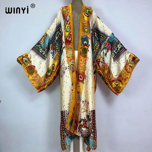 Europe Winyi Summer Beach Cover Up Sweet Lady Boho Cardigan Sexy Maxi Holiday Long Manche Kimono Africa Silk Feeling Robe