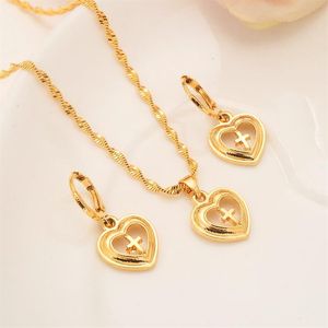 Conjunto de joyería para mujer de Europa, collares con colgante de cruz y corazón relleno de oro macizo fino de 18 k, pendientes, anillo, regalo de boda nupcial 284a