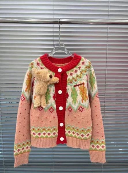 Mode européenne 13D courte pour femmes 23 automne/hiver nouvel ours de noël tricoté Vintage bloc de couleur Cardigan pull manteau taille unique