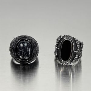 Europese Amerikaanse Gesneden Zwarte Agaat Ring Mannen Trendy Merk Dominante Punk Titanium Stalen Wijsvinger Vintage Accessoires