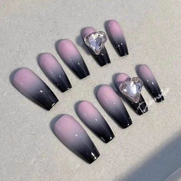 European American Girl Style Faux Nails Two Color for Set Grey Black Pink Gradient Smudge Long T Girls Faux Nails Sticker 240430