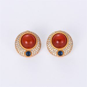 Européen/Américain Médiéval Vintage Stud Tempérament Agate Rouge Rond Zircon Boucles D'oreilles Court Femmes Accessoires Bijoux