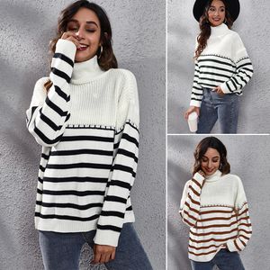 Europese Amerikaanse Nieuwe Dames Knits Tees Turtle Hals Gestreepte Lange Mouw Gebreide Sweater Losse Herfst Winter Kleding