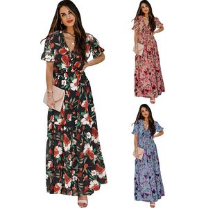 European American Gedrukte korte mouwen Urban Sexy Dresses Dameskleding Zomer Nieuwe V-hals slanke taille losse zoom longuette