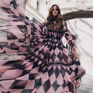 Europese Amerikaanse Kwaliteit BeayTiful Dames Maxi Lange Print Jurk Plaid Gedrukt Kant Patchwork Sweet Summer Chiffon Jurken