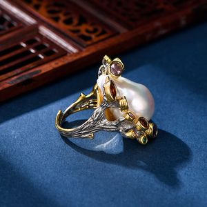 Retro 925 Américain European Retro 925 Anneau en argent Personnalité exagérée conçue 925 Silver Jewelry Baroque Perle Ring Purely Pure Handmade Silver Anneau