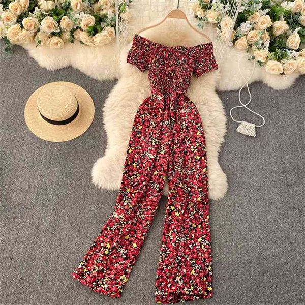 European American Seaside Vacation One-cou Jumpsuit Bandage Stretch Slim Minceur Casual Floral Wide-leg Pants C589 210507