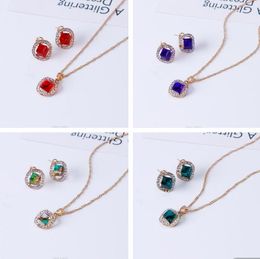 European American Simple Cubic Block Bruid Water Drill Drop oorbellen ketting set 2-delige bruiloft sieraden mode klassieke prachtige sieraden