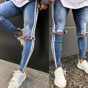 Europese Amerikaanse Street Fashion Herenjeans Lichtblauw Wit Gestreepte Hip Hop Broek Skinny Jeans Heren Vernietigd Ripped Homme