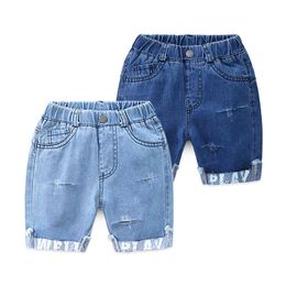 Europese Amerikaanse stijl 3 4 6 8 10 12 jaar Kids Sport Pocket Elastische Taille Knappe Zomer Gat Denim Shorts voor Baby Boys 210529