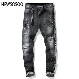 Europese Amerikaanse stijl Herenjeans Luxe mannen Straight denim broek Zipper Patchwork Slim Black Jeans for Men