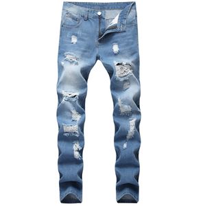 Jean de Style européen et américain pour hommes, pantalon en denim droit de luxe, fermeture éclair, Patchwork, Slim, trou bleu