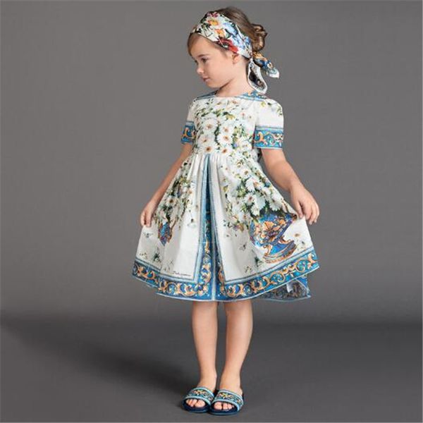 Robe pour enfants de style américain européen 2024 NOUVEAU Été Girl Bohemian Style Robe imprimée Robe de mode bébé Vêtements Vêtements Girl's Robes