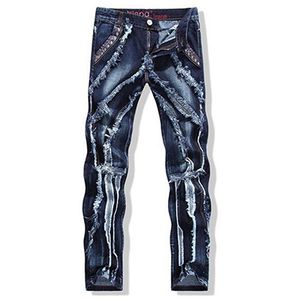 Jeans pour hommes de style européen américain épissé patchwork lavé rayé jeans en denim droit Slim Rock Revival Taille Plus: 28-38 Couleur bleue