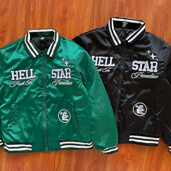 Tendance européenne américaine Hellstar PATH TO PARADISE BOMBER Veste de baseball brodée Veste en tissu lisse en soie noire verte Homme Femme Veste à capuche Outwear SMLXL