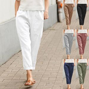 Europese Amerikaanse damesbroek grote zakken effen kleur comfortabel katoen en linnen casual Capri broek met rechte lengte