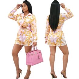 European American Dames Tracksuits Casual Print Long Sleeveved Shirt Shorts Suit