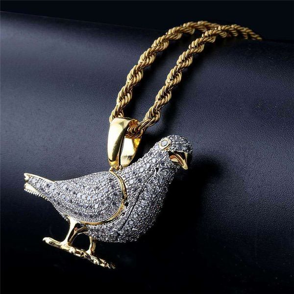 Personnalité européenne et américaine unisexe hommes femmes Hip Hop collier jaune blanc plaqué or complet CZ monde paix Pigeon pendentif collier