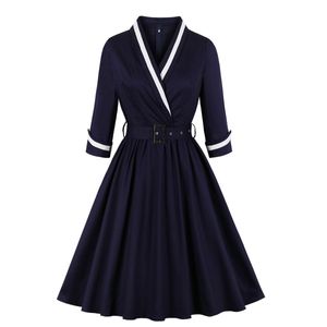 Europese en Amerikaanse herfst- en winterdames retro Hepburn-stijl slanke overhemdrok met V-hals en tailleband Franse jurk