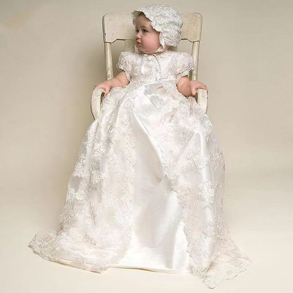 Primer vestidos de comunión vestido de bautismo de bebé vestido de encaje largo sombrero de tres piezas para niños wd1263