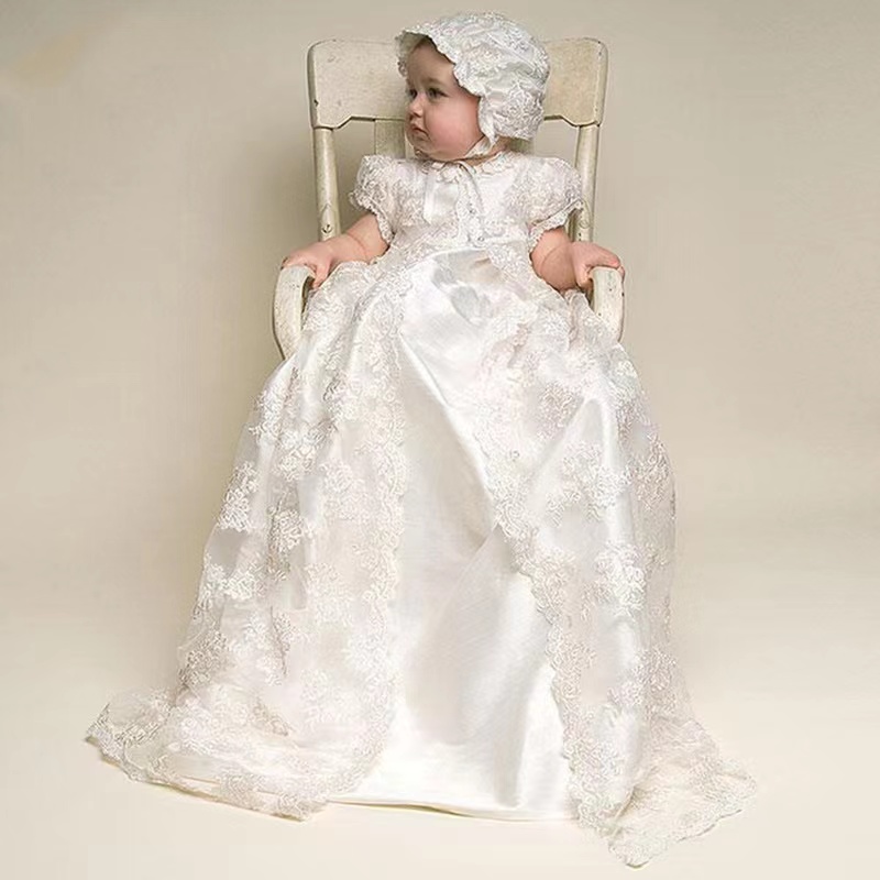 Robes de première Communion robe de baptême pour bébé robe longue en dentelle chapeau trois pièces vêtements pour enfants WD1263