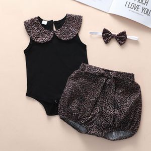 Europese en Amerikaanse baby meisje set luipaard print revers romper shorts + bowknot hoofdtooi driedelige kleding 210515