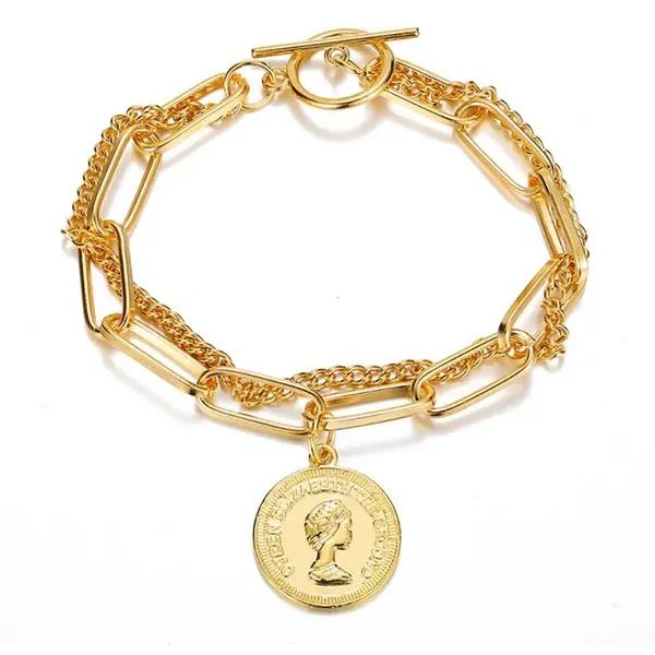 Bracelet européen et américain femmes transfrontalière double couche personnalité OT boucle portrait rond pendentif bracelet rétro simple chaîne bracelet