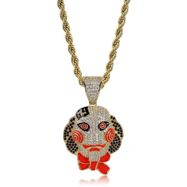 Européen et américain tronçonneuse frayeur puzzle masque poupée pendentif Halloween plein zircon hommes hip hop collier