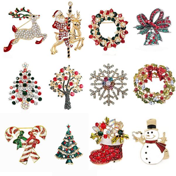 Broche de Navidad europeo y americano, alce de caña, copo de nieve, muñeco de nieve, corona de árbol, botas con campana