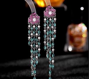 Europese en Amerikaanse oorbellen Gekleurde zirkoniumbloem 925 Zilveren naald Lange Tassel Style Camellia Earring Designer sieraden