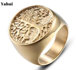 Fashion européenne et américaine Golden Tree of Life Titanium Steel Ring Personnalité Men Femmes Punk Love Engagement Jewelr Band Rings3103805