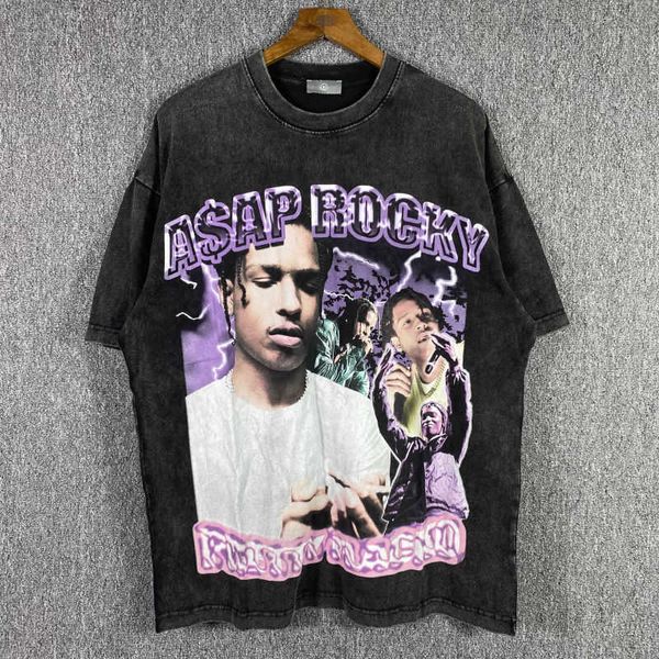 Marque de mode européenne et américaine Asap Rocky Rapper Portrait Washed Made Old High Street T-shirt ample polyvalent à manches courtes pour hommes