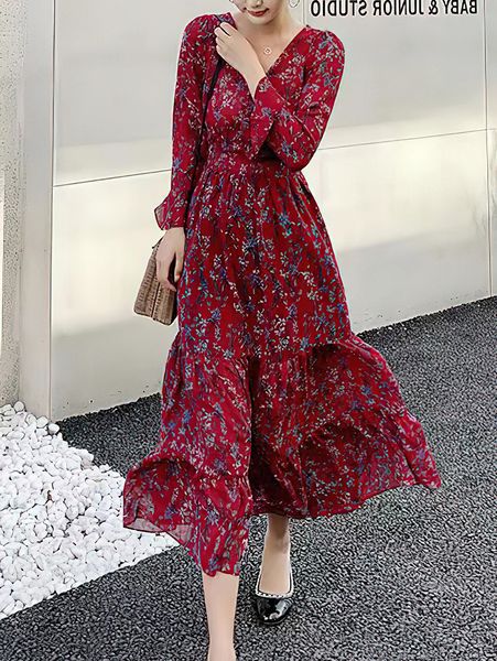 Estilo floral pastoral de moda europea al aire libre Vneck Vneck Vingo de vino rojo Big Swing Vestido 240412