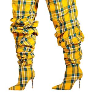 Europese en Amerikaanse mode PU Plaid Knee lengte slanke hoge hielmouwschoenen, sexy nachtclub runway laarzen voor dames, dames