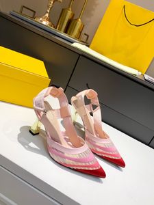 Sandalias de mujer de moda europea y americana Diseño translúcido Tejido de jacquard elástico Almohadilla de cuero de tacón alto Tamaño de pie suave 35-42