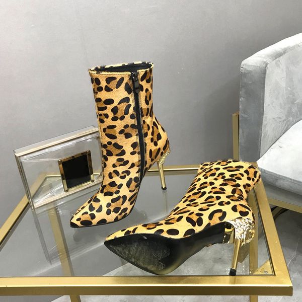 Botas cortas finas de tacón alto para mujer, moda europea y americana, suela de goma de piel de oveja, estampado de leopardo Sexy, talla 35-42