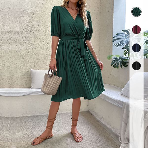 Mode européenne et américaine vêtements pour femmes été nouvelle robe plissée verte à col en v attachée