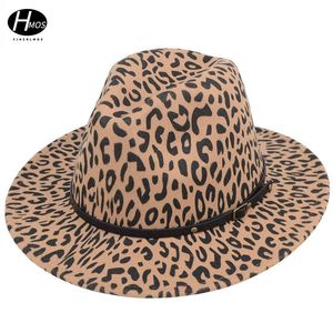 Europese en Amerikaanse modewol vilt jazz fedora hoed dames luipaard lederen band decoratieve panama top brim rig hoeden